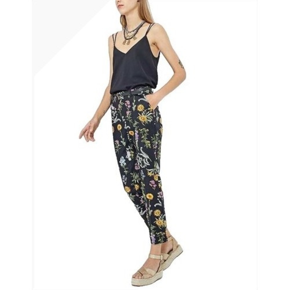 Stradivarius Black Floral Botanical Print Slim Fit Trousers Pants Size 36‎ US 4